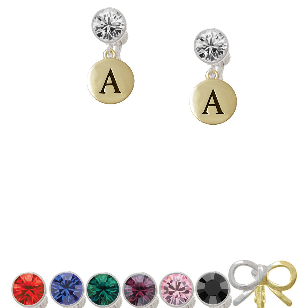 Capital Gold Tone Letter - A - Pebble Disc - Crystal Clip On Earrings Image 1