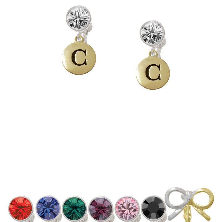 Capital Gold Tone Letter - C - Pebble Disc - Crystal Clip On Earrings Image 1