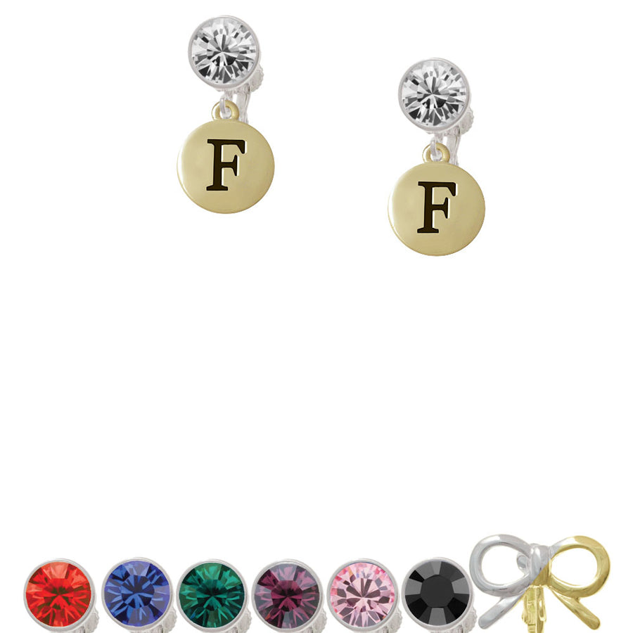 Capital Gold Tone Letter - F - Pebble Disc - Crystal Clip On Earrings Image 1