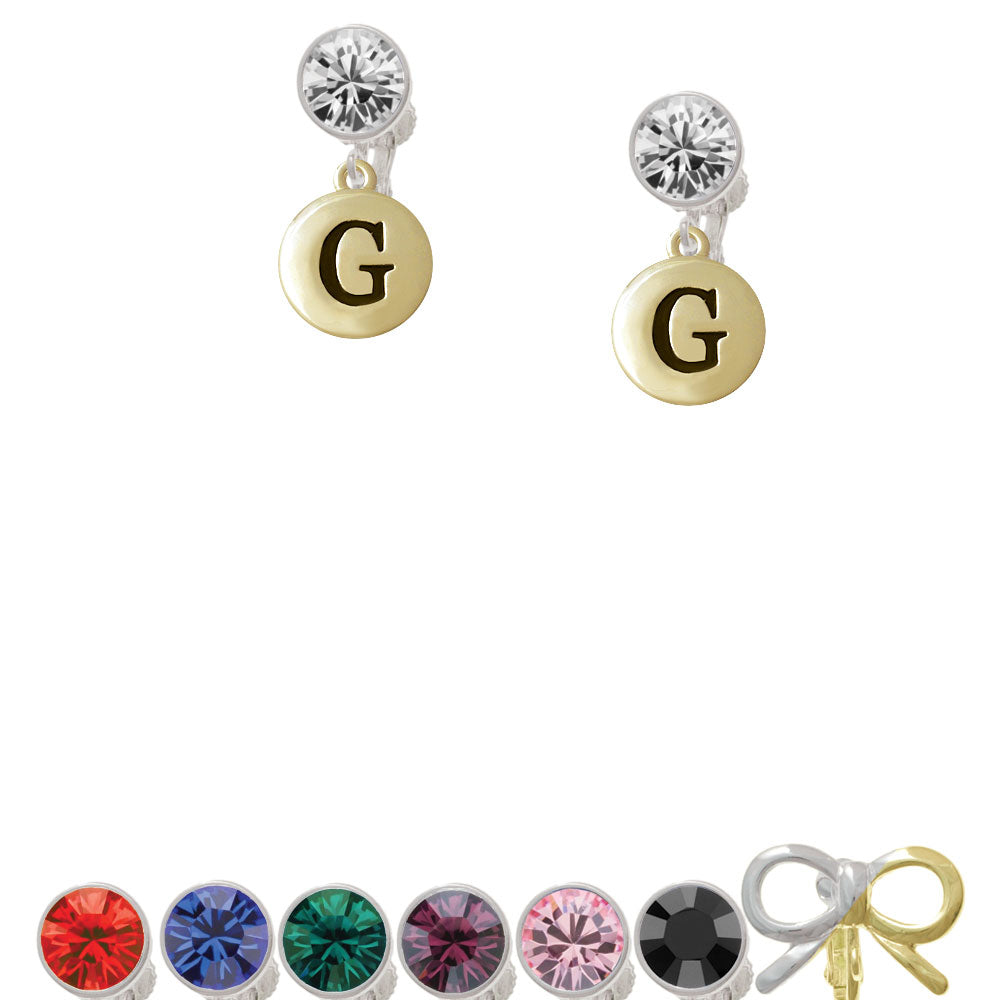 Capital Gold Tone Letter - G - Pebble Disc - Crystal Clip On Earrings Image 1