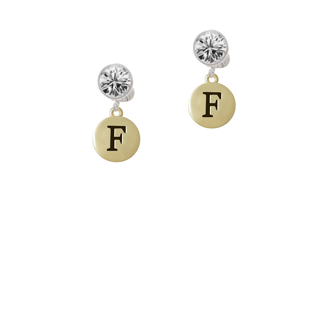 Capital Gold Tone Letter - F - Pebble Disc - Crystal Clip On Earrings Image 2