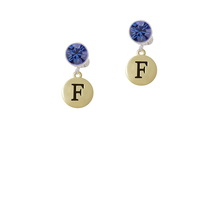 Capital Gold Tone Letter - F - Pebble Disc - Crystal Clip On Earrings Image 7