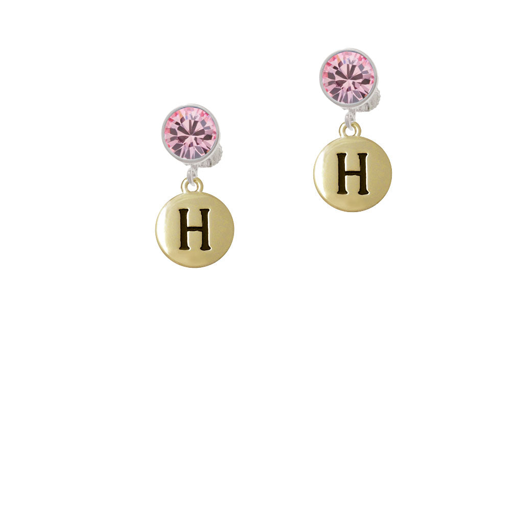 Capital Gold Tone Letter - H - Pebble Disc - Crystal Clip On Earrings Image 4