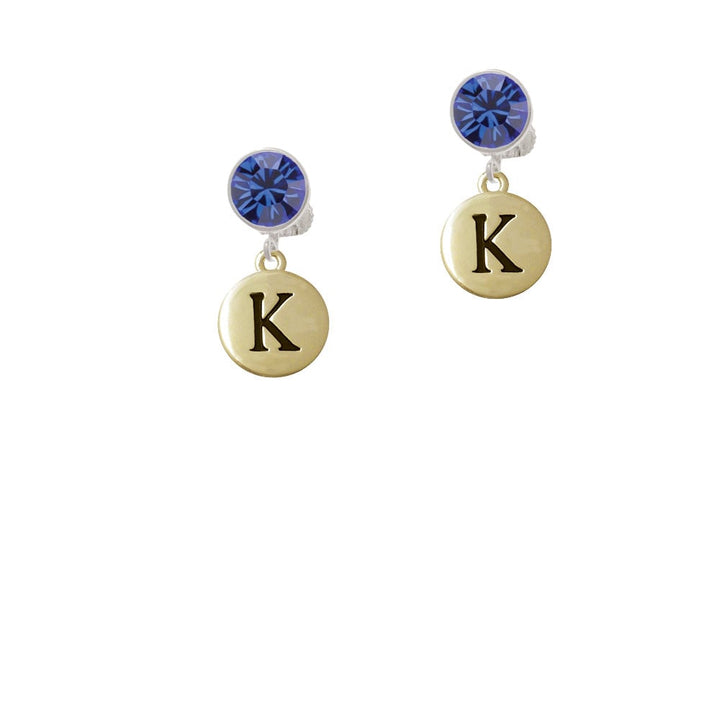 Capital Gold Tone Letter - K - Pebble Disc - Crystal Clip On Earrings Image 1