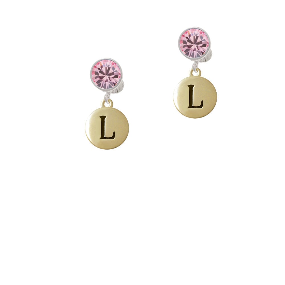 Capital Gold Tone Letter - L - Pebble Disc - Crystal Clip On Earrings Image 1