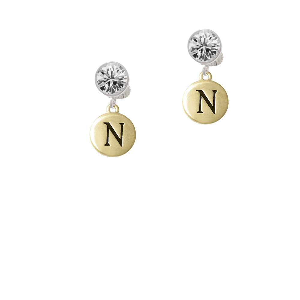 Capital Gold Tone Letter - N - Pebble Disc - Crystal Clip On Earrings Image 2