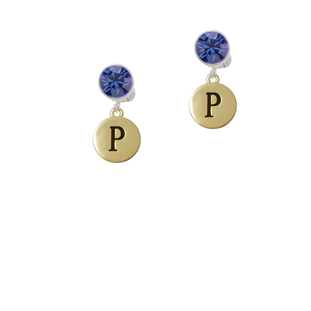 Capital Gold Tone Letter - P - Pebble Disc - Crystal Clip On Earrings Image 7