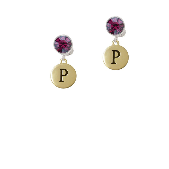 Capital Gold Tone Letter - P - Pebble Disc - Crystal Clip On Earrings Image 1