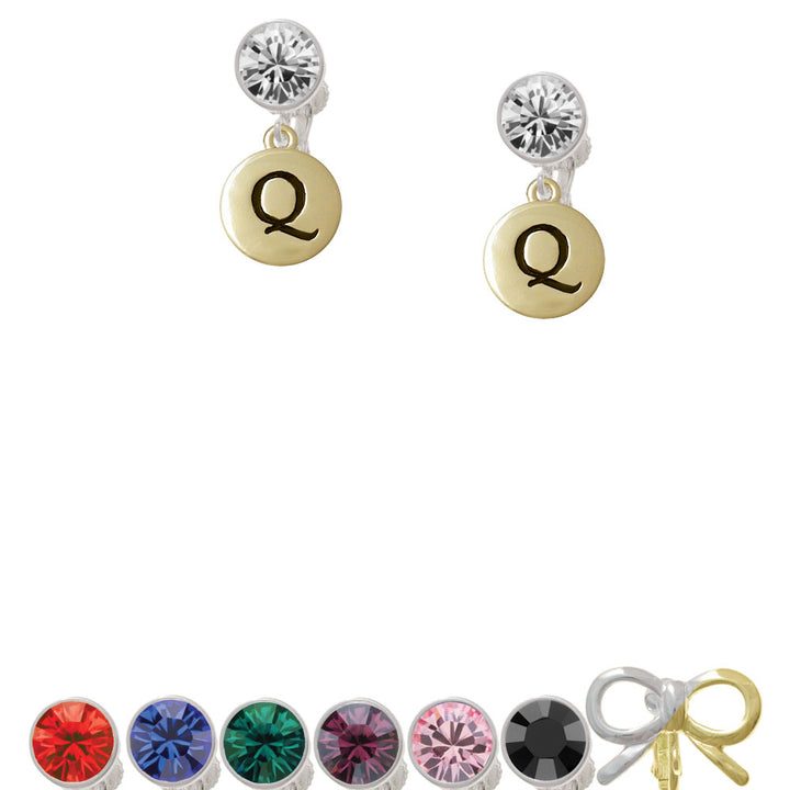 Capital Gold Tone Letter - Q - Pebble Disc - Crystal Clip On Earrings Image 1