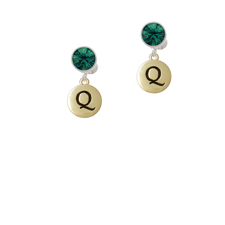 Capital Gold Tone Letter - Q - Pebble Disc - Crystal Clip On Earrings Image 6