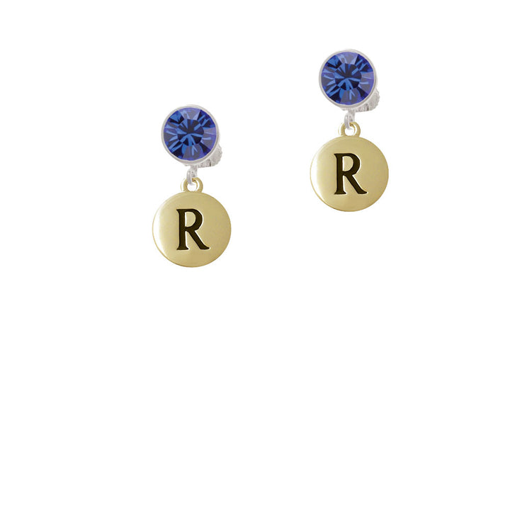 Capital Gold Tone Letter - R - Pebble Disc - Crystal Clip On Earrings Image 7