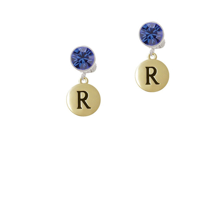 Capital Gold Tone Letter - R - Pebble Disc - Crystal Clip On Earrings Image 1