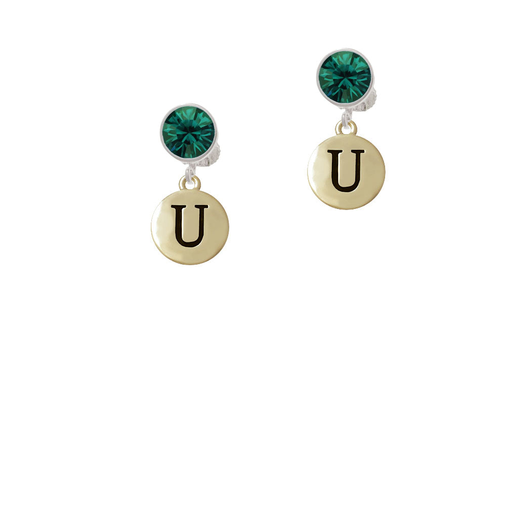 Capital Gold Tone Letter - U - Pebble Disc - Crystal Clip On Earrings Image 6