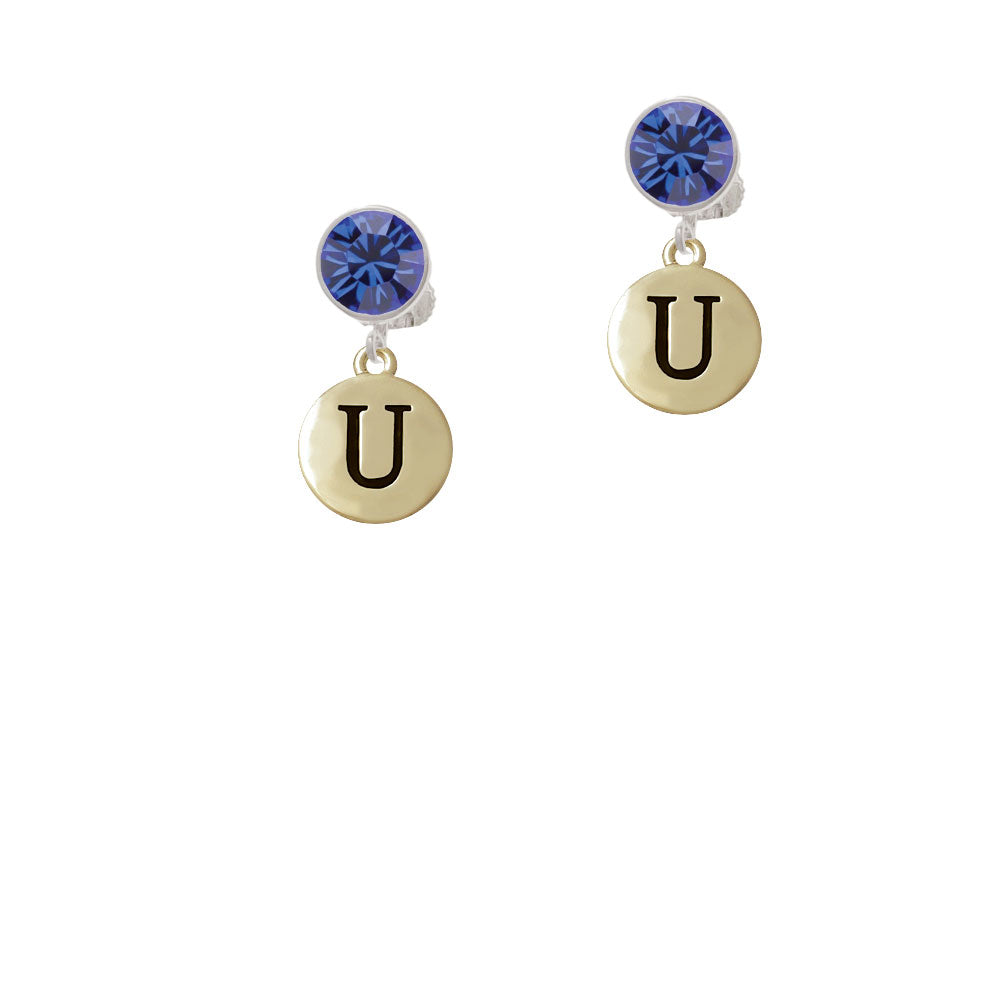 Capital Gold Tone Letter - U - Pebble Disc - Crystal Clip On Earrings Image 7