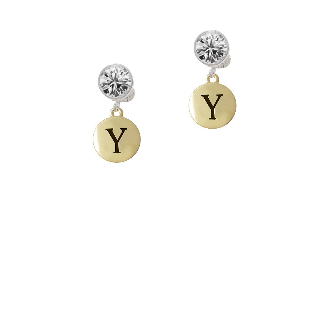 Capital Gold Tone Letter - Y - Pebble Disc - Crystal Clip On Earrings Image 2