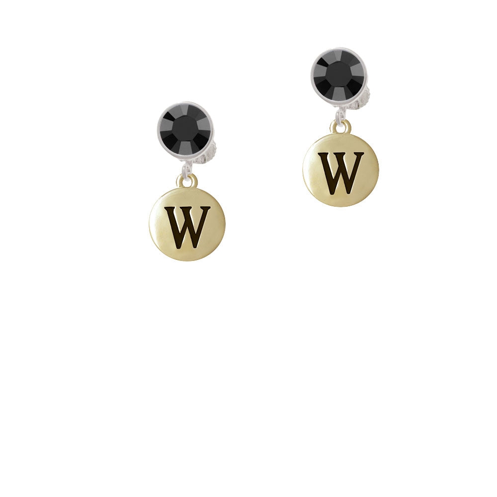 Capital Gold Tone Letter - W - Pebble Disc - Crystal Clip On Earrings Image 3