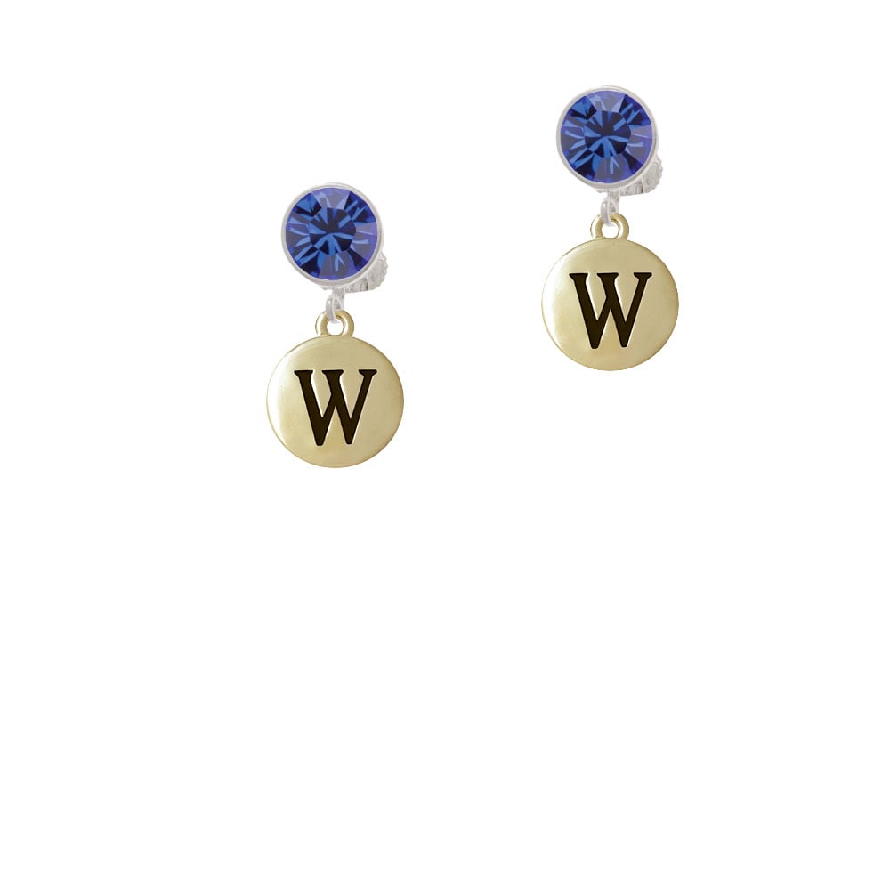 Capital Gold Tone Letter - W - Pebble Disc - Crystal Clip On Earrings Image 7