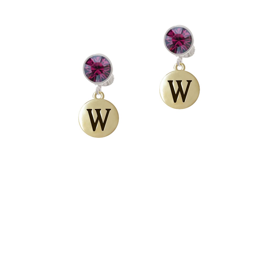 Capital Gold Tone Letter - W - Pebble Disc - Crystal Clip On Earrings Image 8