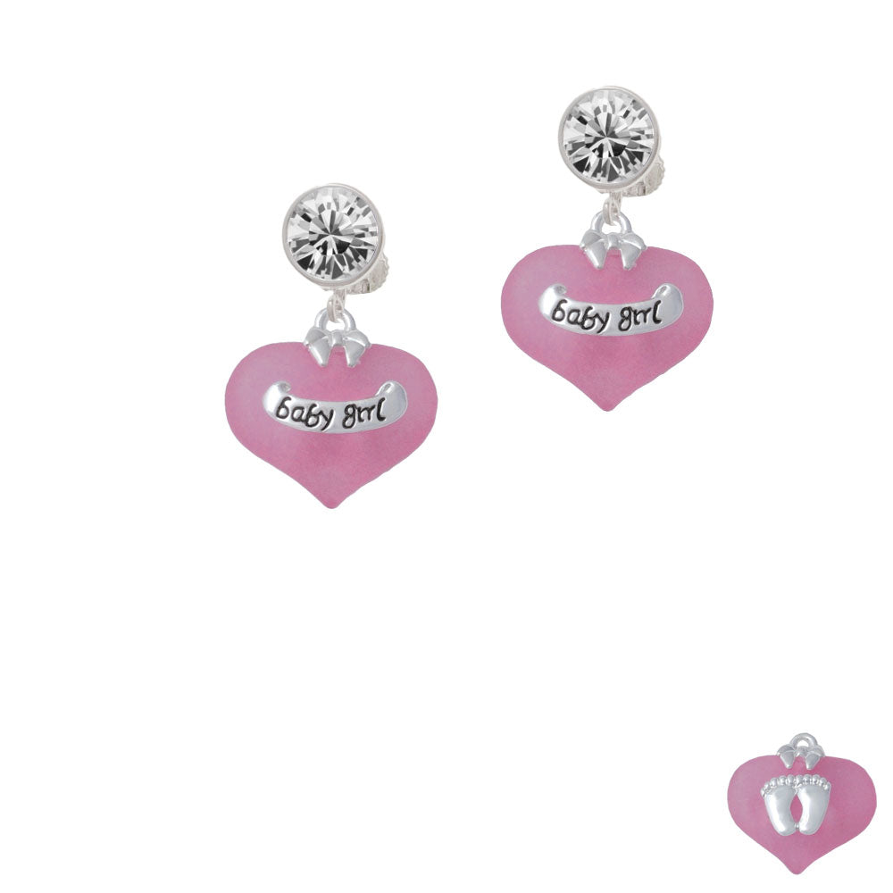 Baby Girl Pink Heart with Baby Feet Crystal Clip On Earrings Image 2