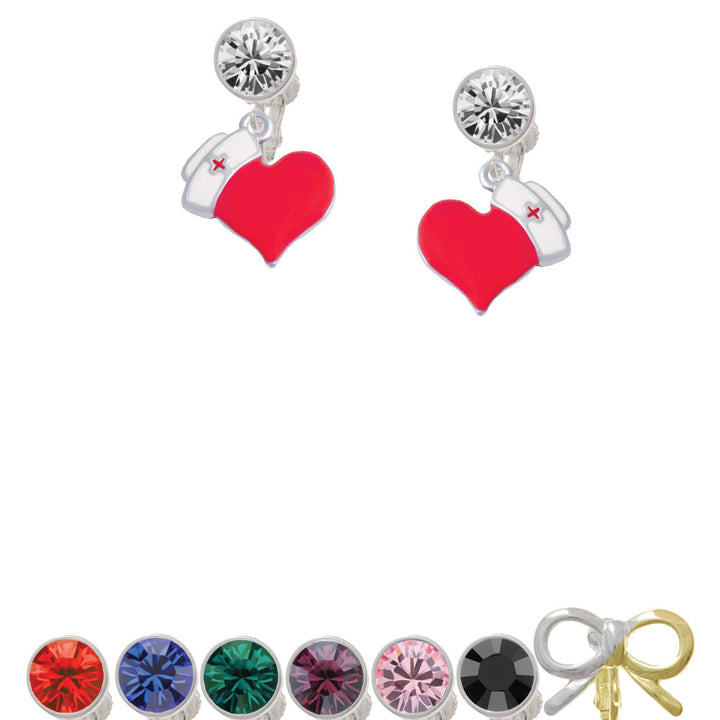 Red Heart with Nurse Hat Crystal Clip On Earrings Image 1