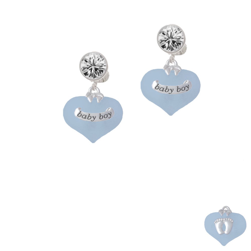 Baby Boy Blue Heart with Baby Feet Crystal Clip On Earrings Image 1