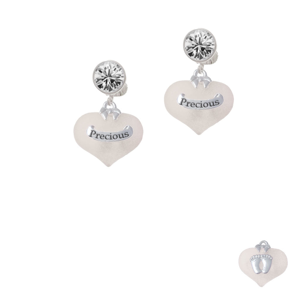 Precious White Heart with Baby Feet Crystal Clip On Earrings Image 2