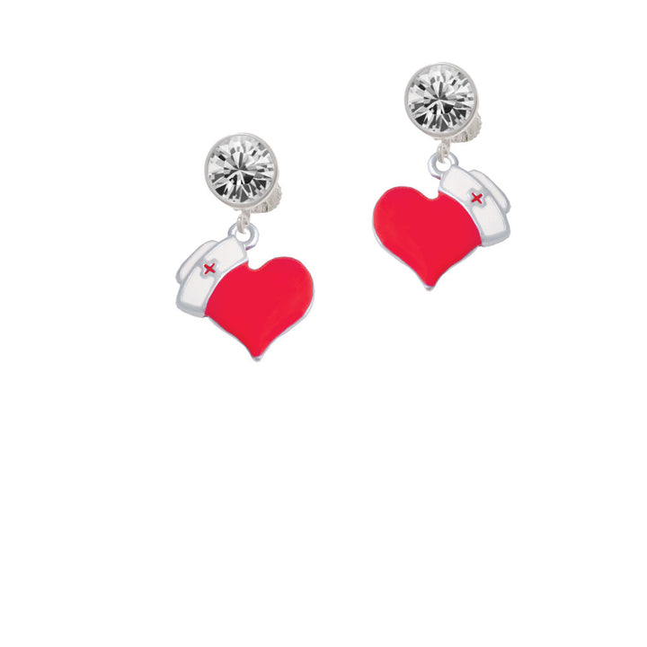 Red Heart with Nurse Hat Crystal Clip On Earrings Image 2