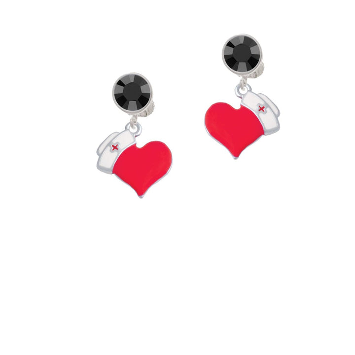 Red Heart with Nurse Hat Crystal Clip On Earrings Image 3