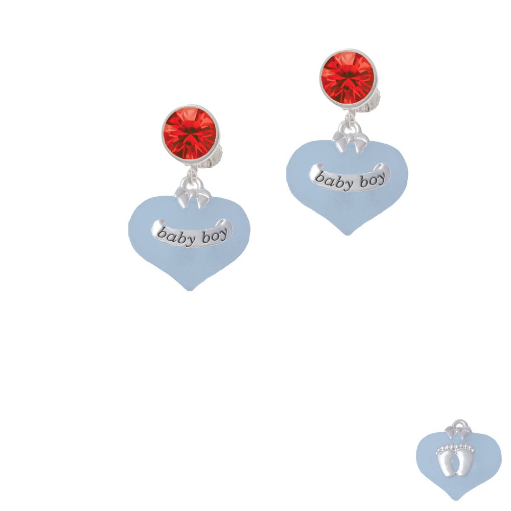 Baby Boy Blue Heart with Baby Feet Crystal Clip On Earrings Image 1