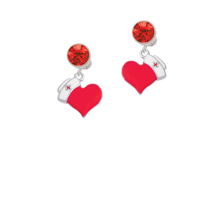 Red Heart with Nurse Hat Crystal Clip On Earrings Image 4