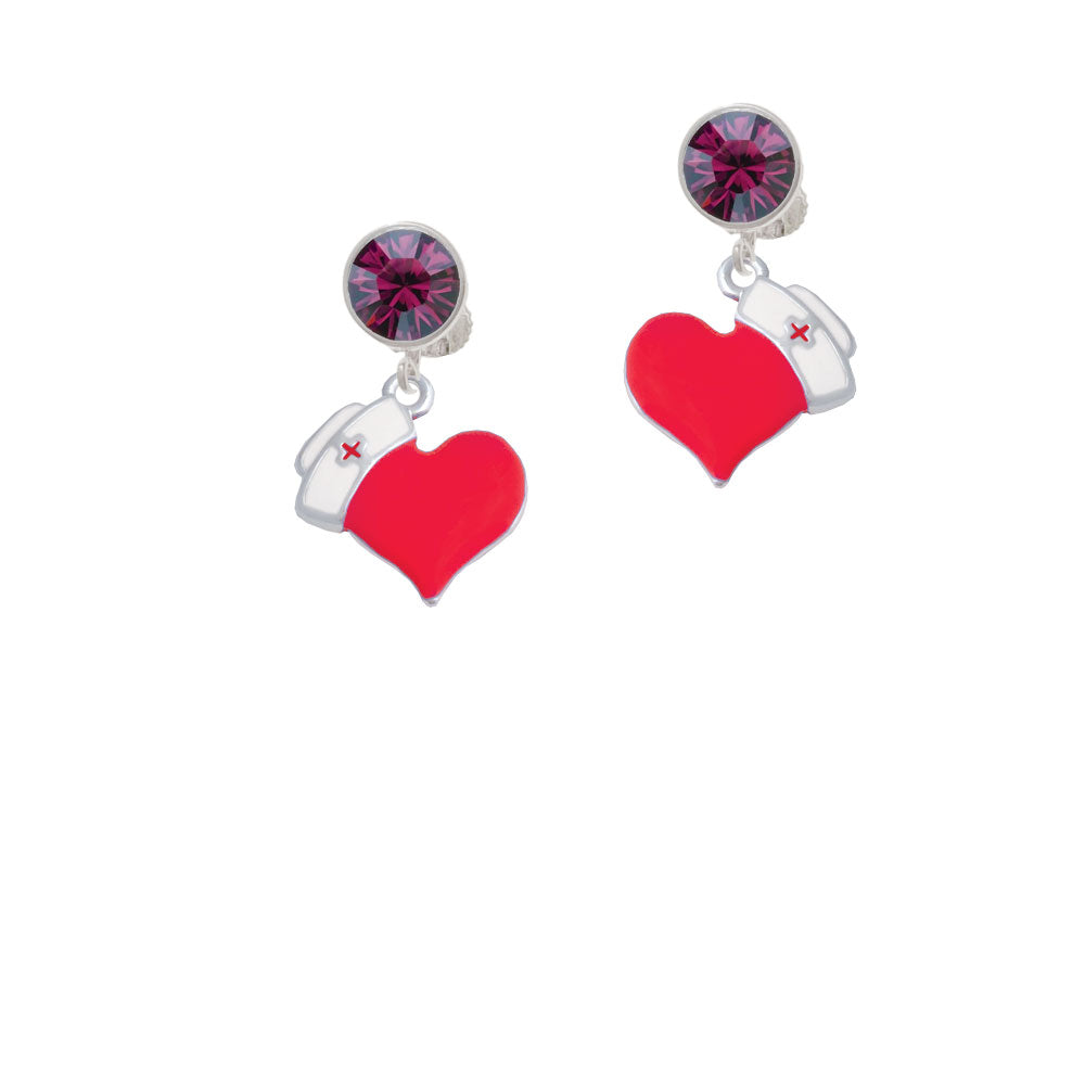 Red Heart with Nurse Hat Crystal Clip On Earrings Image 8