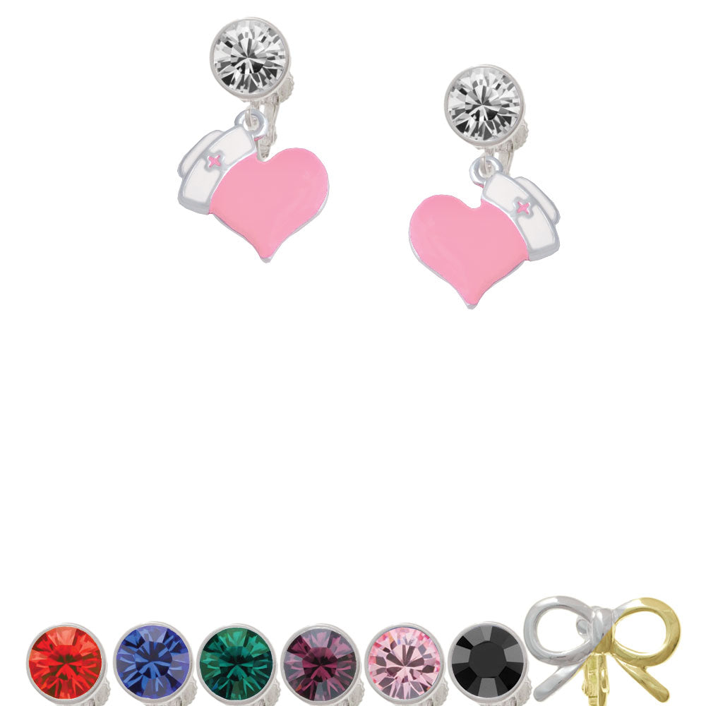 Pink Heart with Nurse Hat Crystal Clip On Earrings Image 1