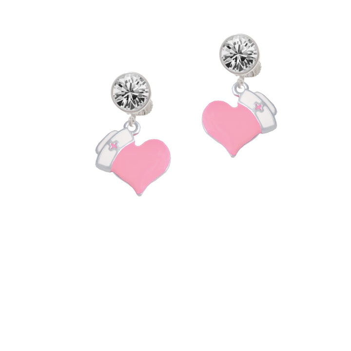 Pink Heart with Nurse Hat Crystal Clip On Earrings Image 2