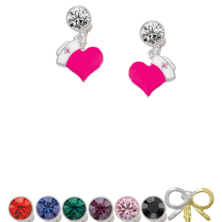 Hot Pink Heart with Nurse Hat Crystal Clip On Earrings Image 1