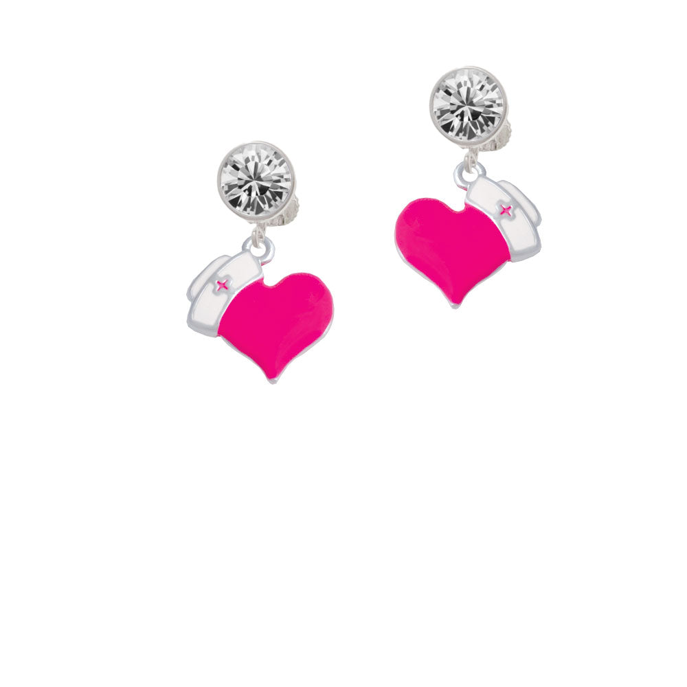 Hot Pink Heart with Nurse Hat Crystal Clip On Earrings Image 2