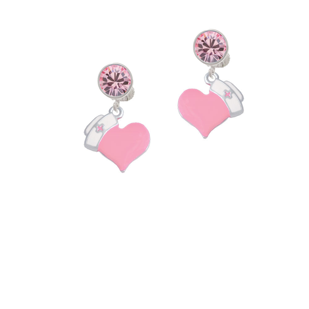 Pink Heart with Nurse Hat Crystal Clip On Earrings Image 4