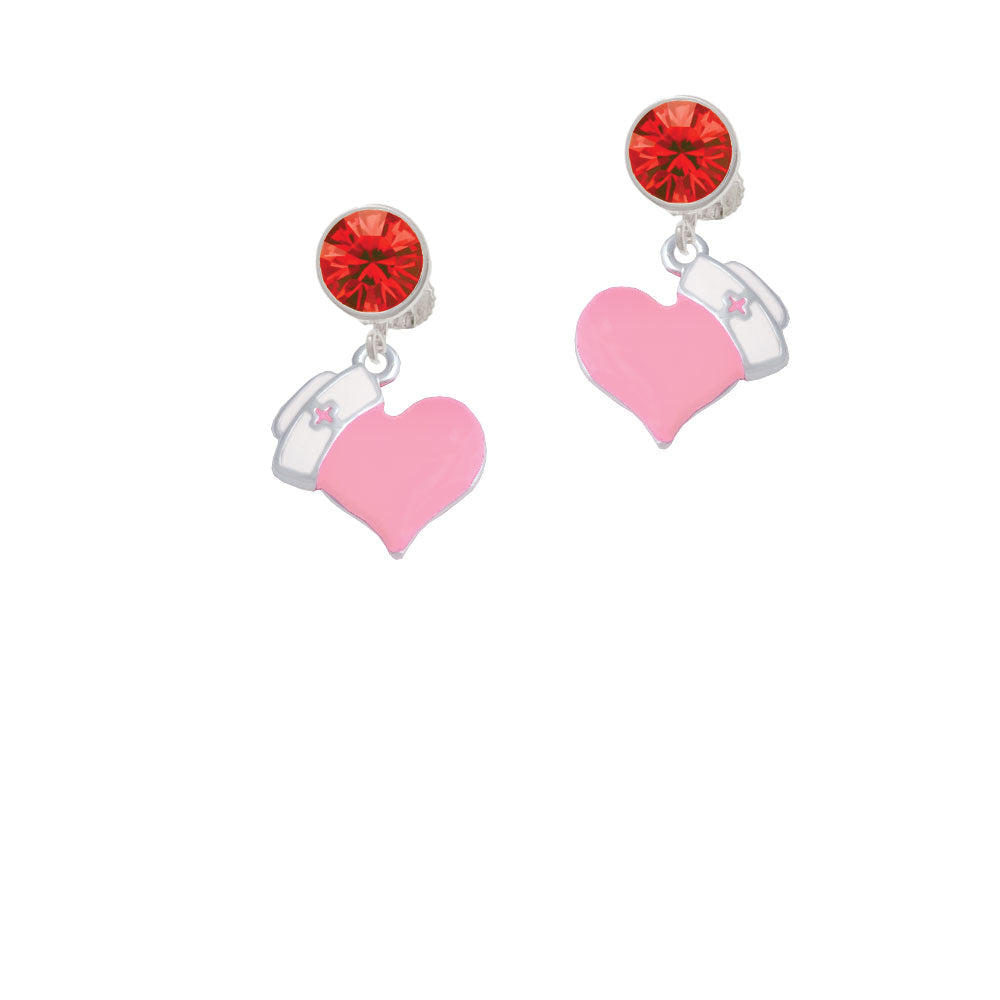 Pink Heart with Nurse Hat Crystal Clip On Earrings Image 4