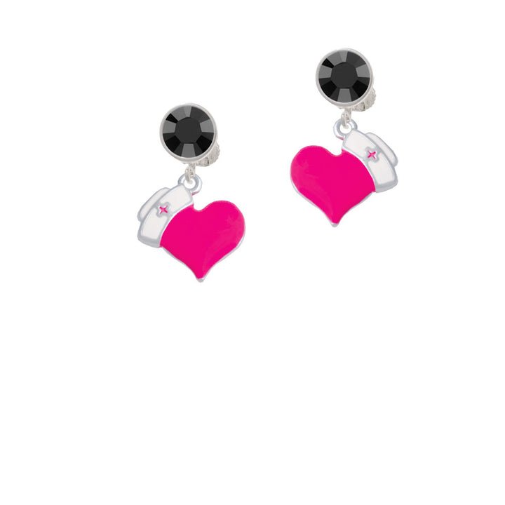 Hot Pink Heart with Nurse Hat Crystal Clip On Earrings Image 3