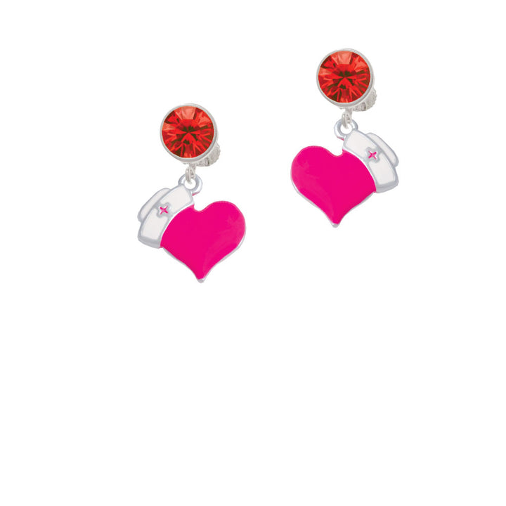 Hot Pink Heart with Nurse Hat Crystal Clip On Earrings Image 4