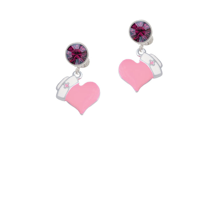 Pink Heart with Nurse Hat Crystal Clip On Earrings Image 8