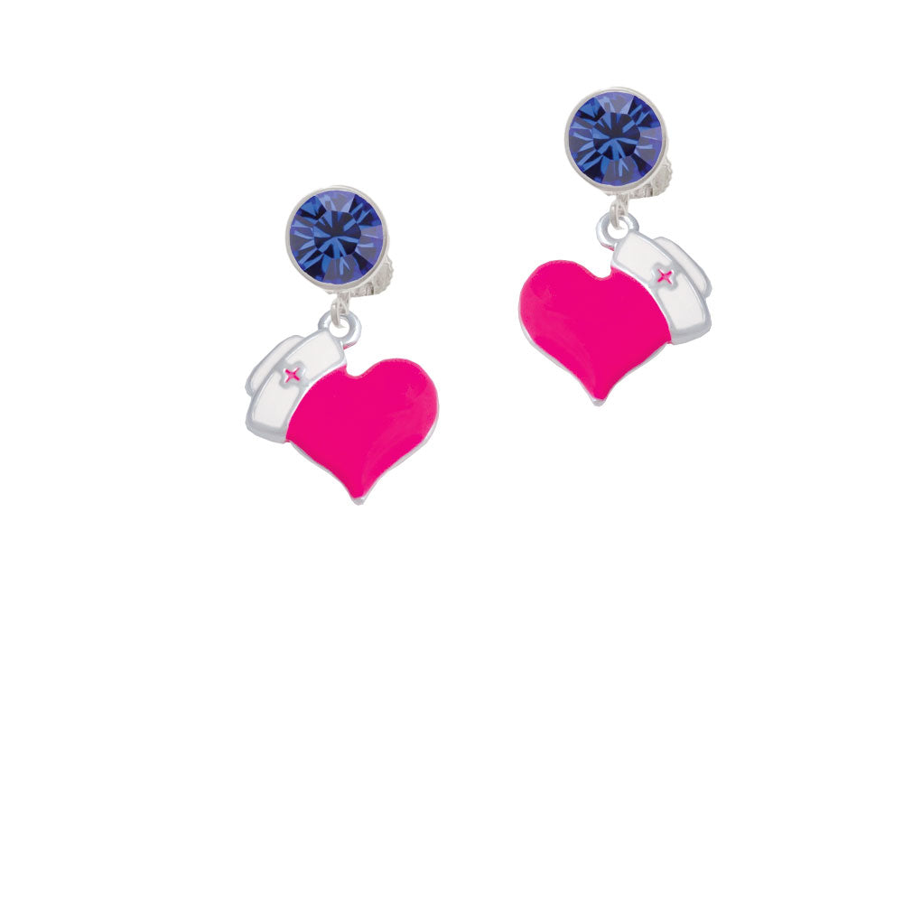 Hot Pink Heart with Nurse Hat Crystal Clip On Earrings Image 7