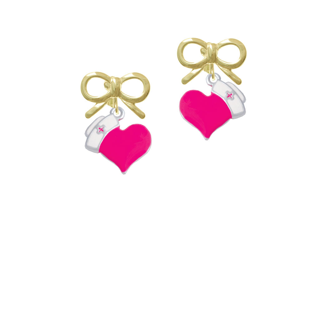 Hot Pink Heart with Nurse Hat Crystal Clip On Earrings Image 10