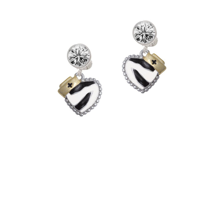 Zebra Print Heart with Nurse Hat Crystal Clip On Earrings Image 2