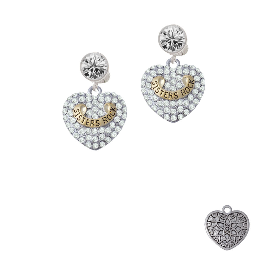 Gold Tone Sisters Rock on Clear Crystal Heart Crystal Clip On Earrings Image 2