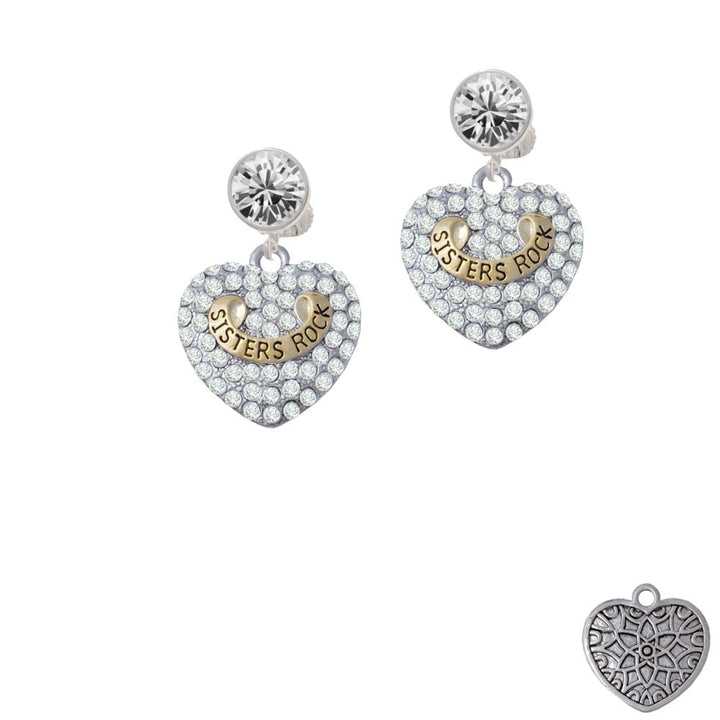 Gold Tone Sisters Rock on Clear Crystal Heart Crystal Clip On Earrings Image 1