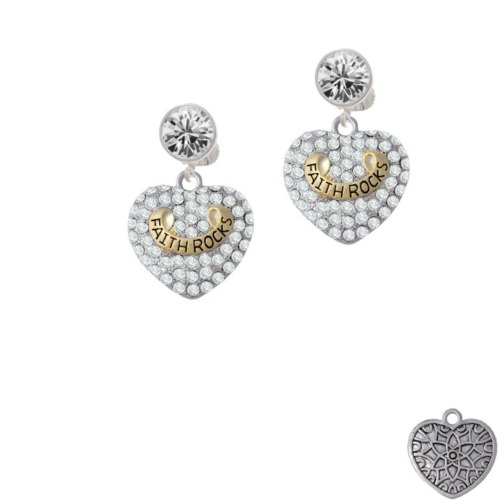 Gold Tone Faith Rocks on Clear Crystal Heart Crystal Clip On Earrings Image 2