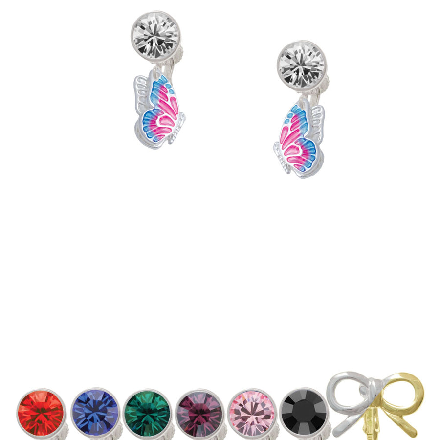 Translucent Hot Pink and Blue Flying Butterfly Crystal Clip On Earrings Image 1