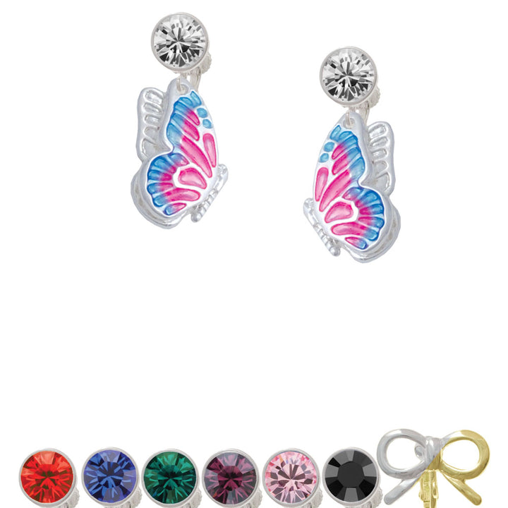 Large Translucent Hot Pink and Blue Flying Butterfly Crystal Clip On Earrings Image 1