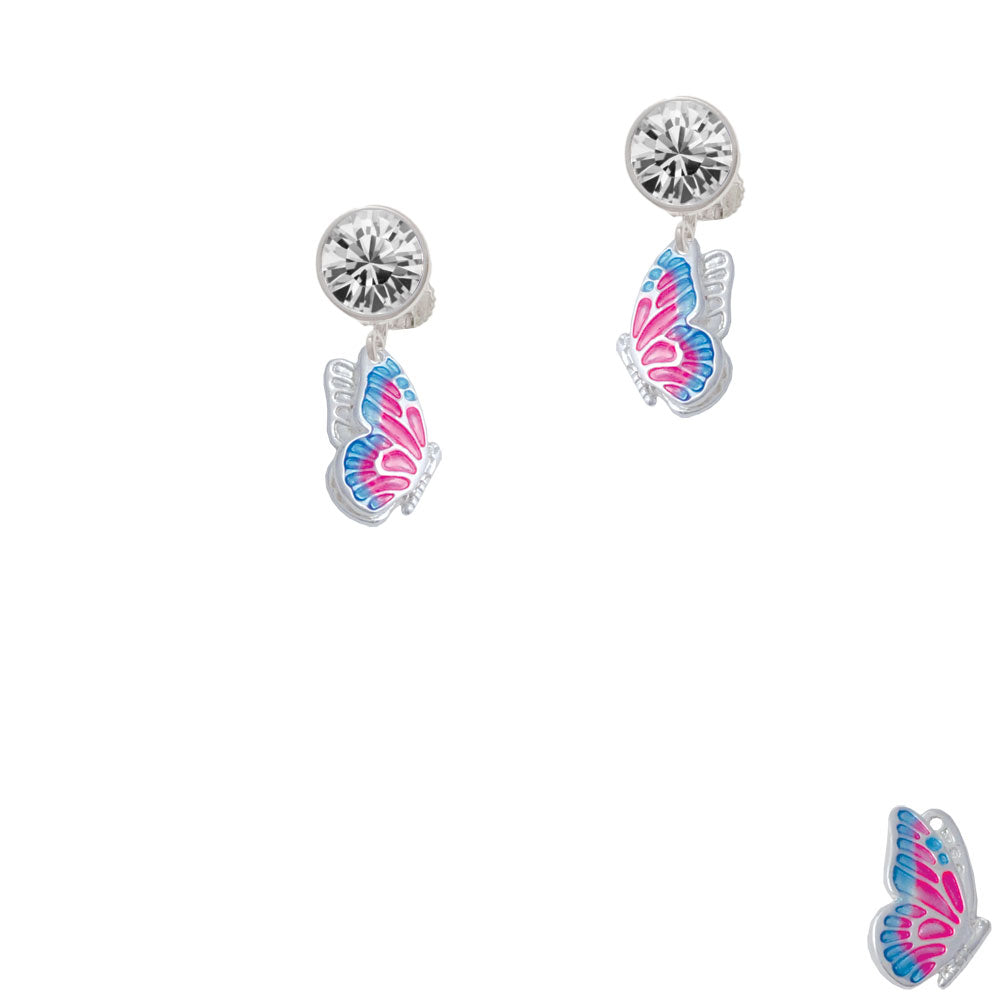 Translucent Hot Pink and Blue Flying Butterfly Crystal Clip On Earrings Image 2