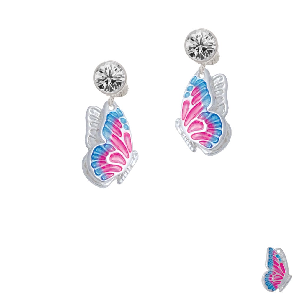 Large Translucent Hot Pink and Blue Flying Butterfly Crystal Clip On Earrings Image 2